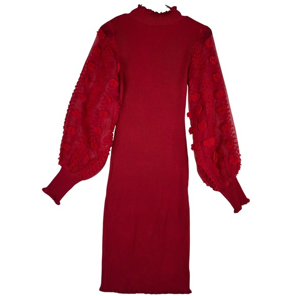 Almost Famous Red Ribbed Bodycon Puff Sleeve Sheer Floral Dress Size M - Picture 8 of 8